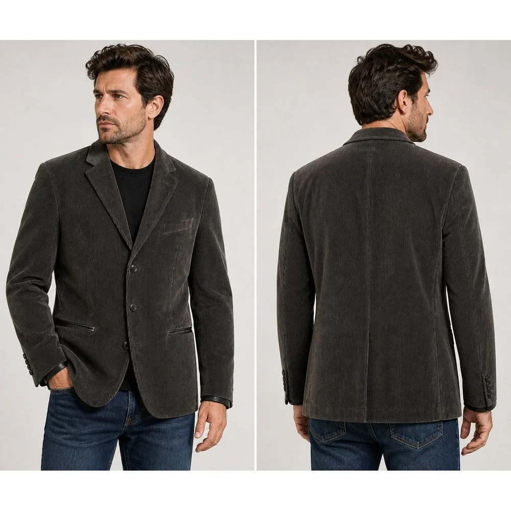John Varvatos Mens Charcoal Grey Corduroy 3 Button Blazer Leather Trim Size‎ 40R